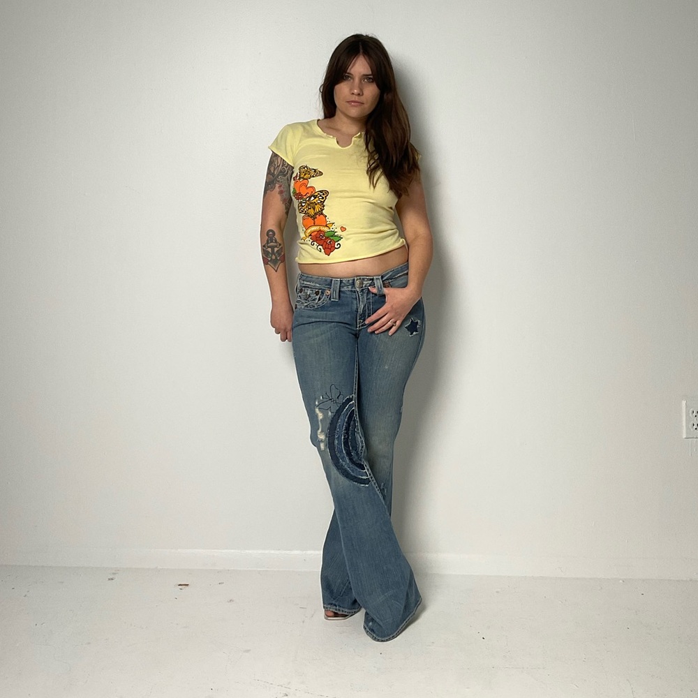 True Religion Lowrise Flares with Embroidery and Patchwork